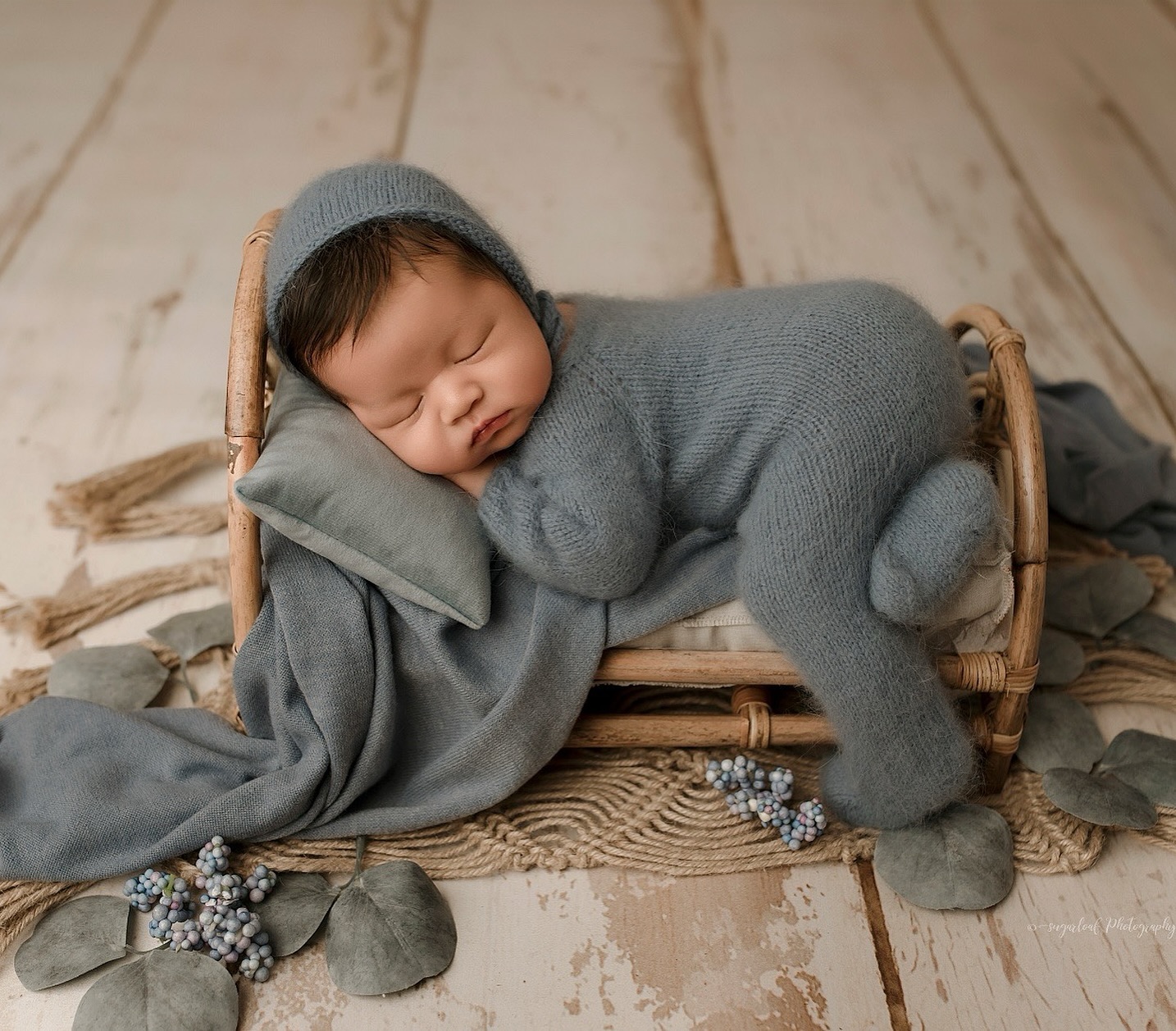 Newborn little bed pose dusty blue linen Sugarloaf Photography Bel Air