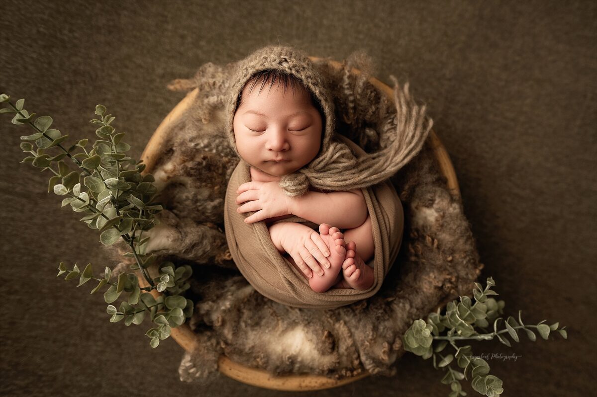 Newborn semi wrapped pose earth tone wrap Sugarloaf Photography Maryland